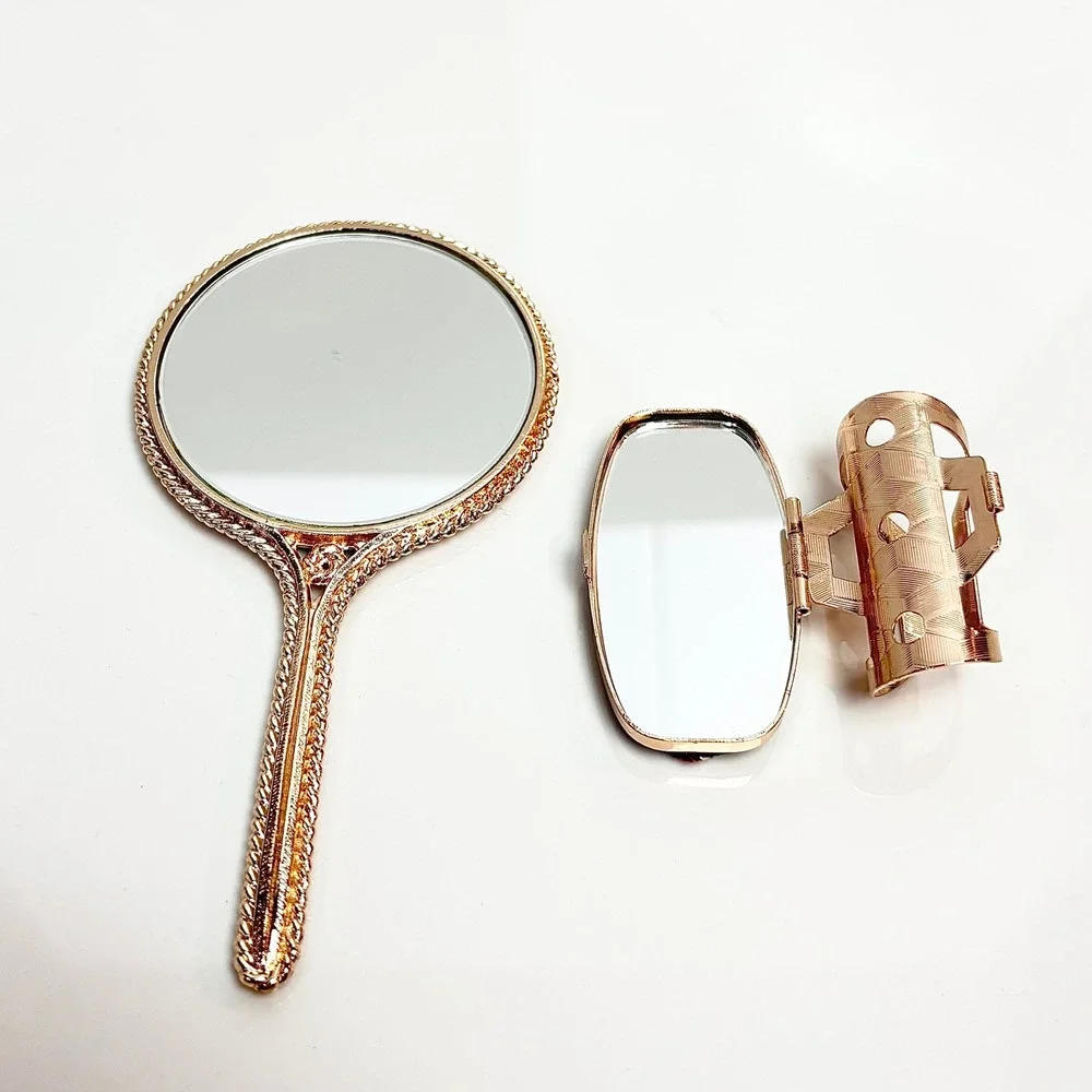 Vintage Austria Petit Point Floral Hand Mirror and Lipstick Case Vanity Set Gold